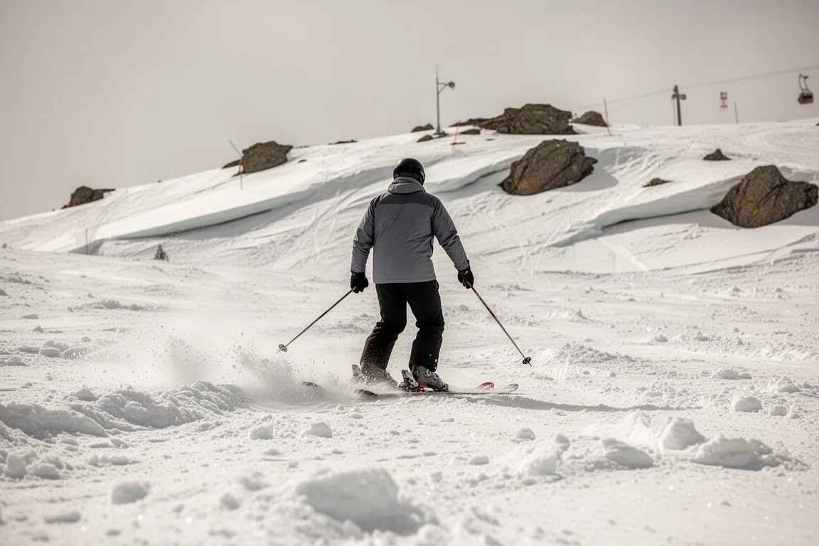 Skifahrer bewegt sich durch aufgewühlten Spätlingsschnee auf einer Piste