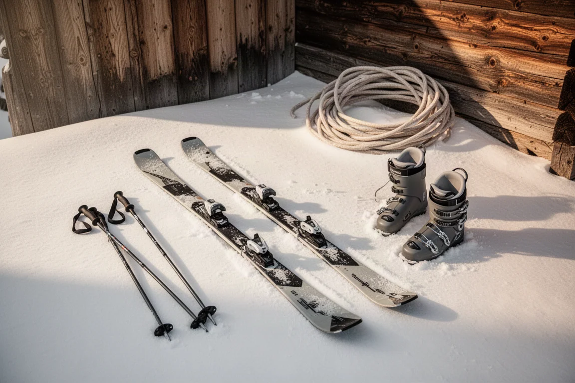 Skier, Stiefel und Stöcke ruhen vor einer Berghütte auf dem Schnee