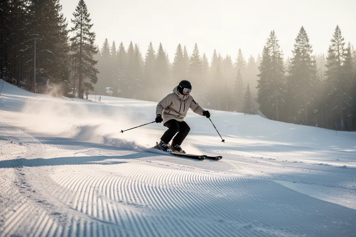 Skier carving across a freshly groomed run in early morning light