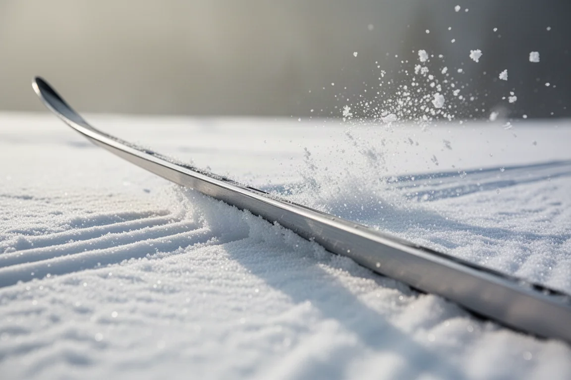 Close-up of a ski edge biting into firm groomed snow with ice crystals spraying
