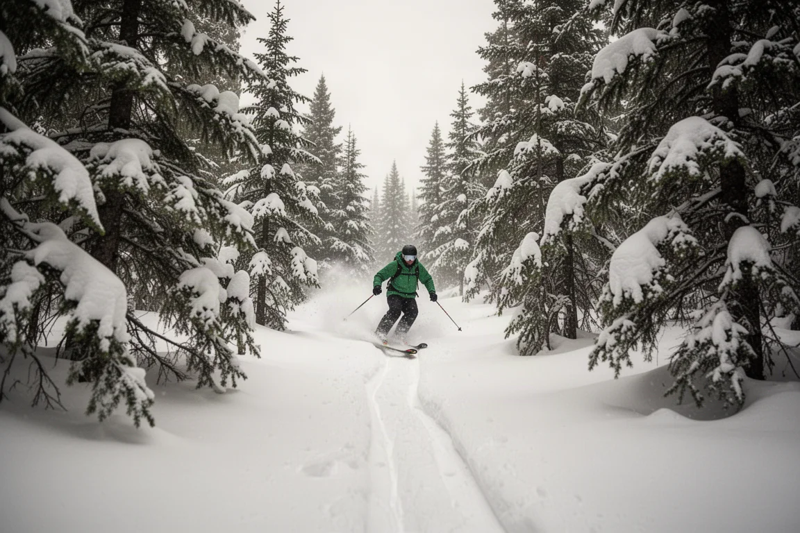 Skier weaving between snow-dusted evergreen trees on a narrow soft snow line