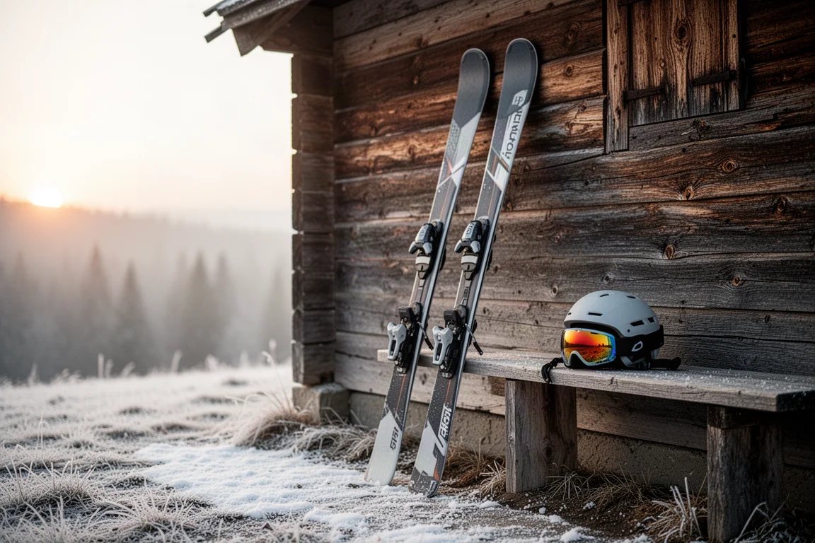 All-mountain skis leaning against a wooden lodge wall at dawn with helmet nearby