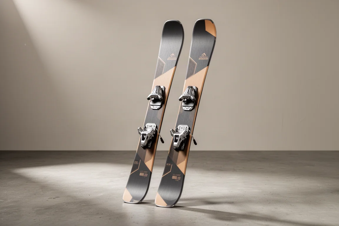 Pair of all-mountain skis standing upright on a matte concrete surface in soft studio light