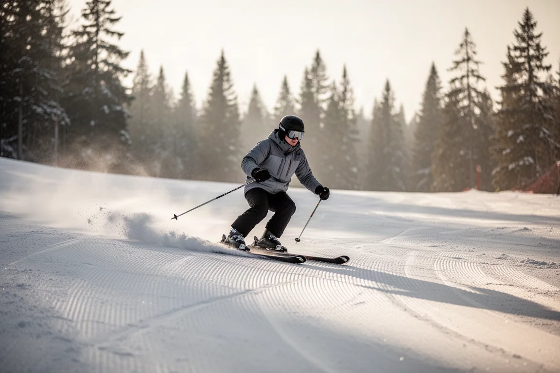 Skier carving a clean turn on a freshly groomed slope in soft morning light