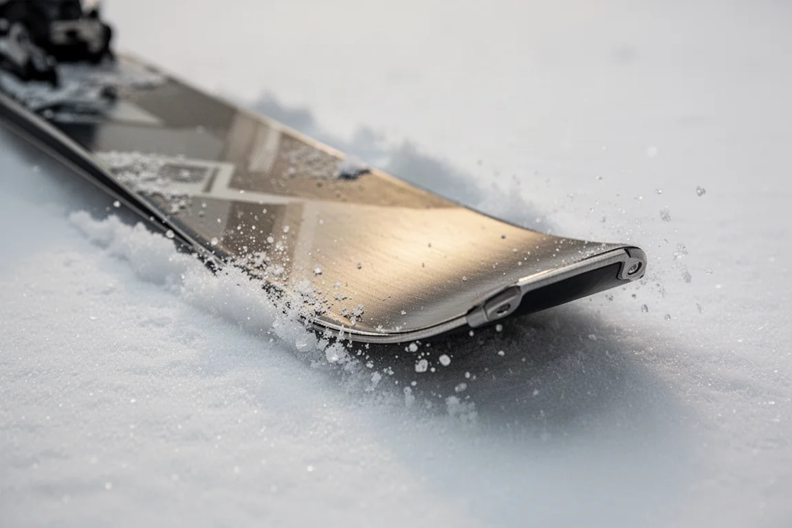 Close-up of a ski edge and metal top sheet cutting into packed snow