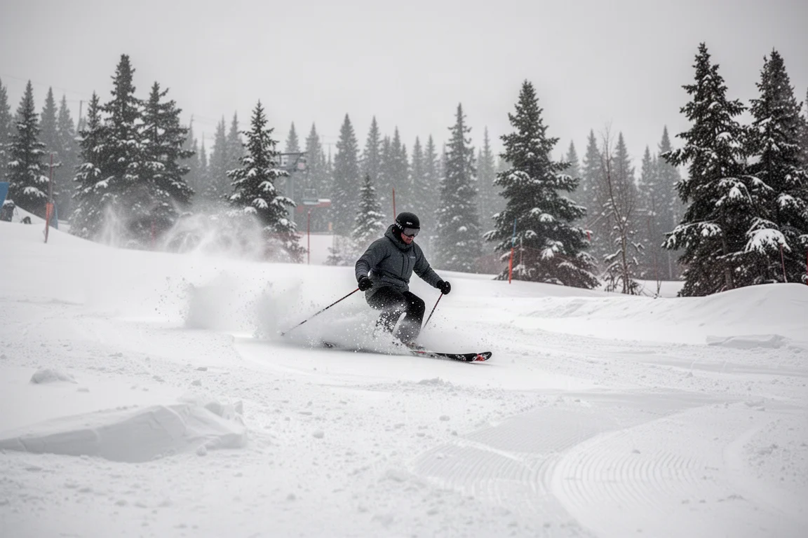 Skier moving through chopped-up snow and variable resort conditions