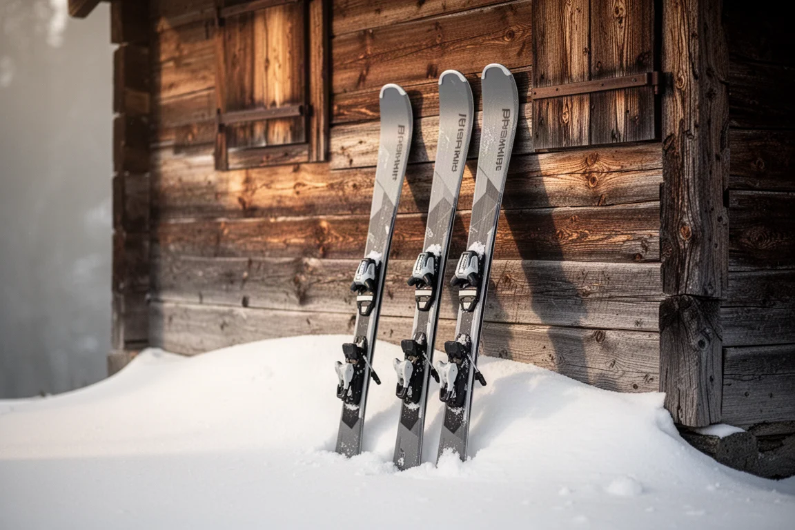 Pair of all-mountain skis leaning against a wooden lodge wall in snow