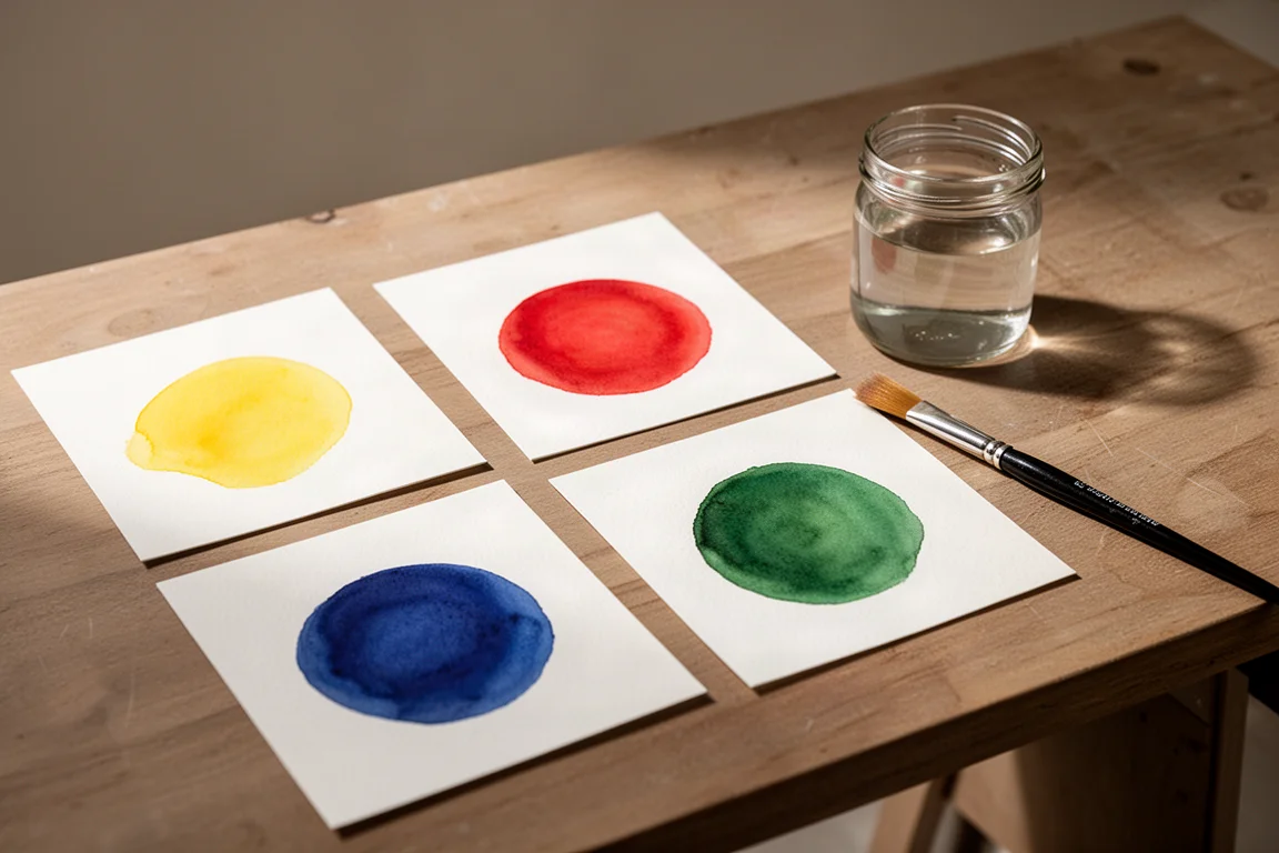 Dot cards met aquarelverf, met royale klodders pigment gerangschikt op een houten bureau