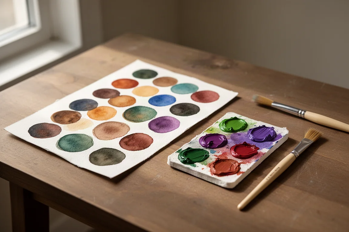Dot card di acquerelli e una tavolozza di gouache Stone Ground Paints con un pennello sintetico su un tavolo di legno