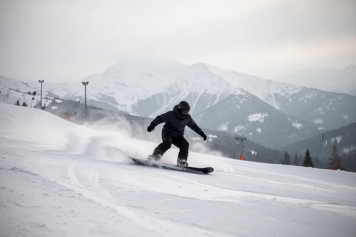 Snowboarder trazando un giro largo sobre el canto en una pista preparada