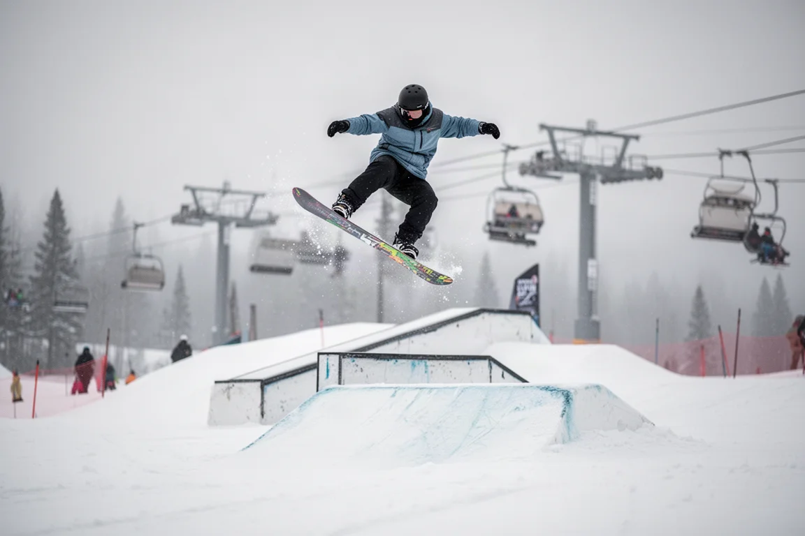 Snowboarder saltando desde un kicker en un terrain park