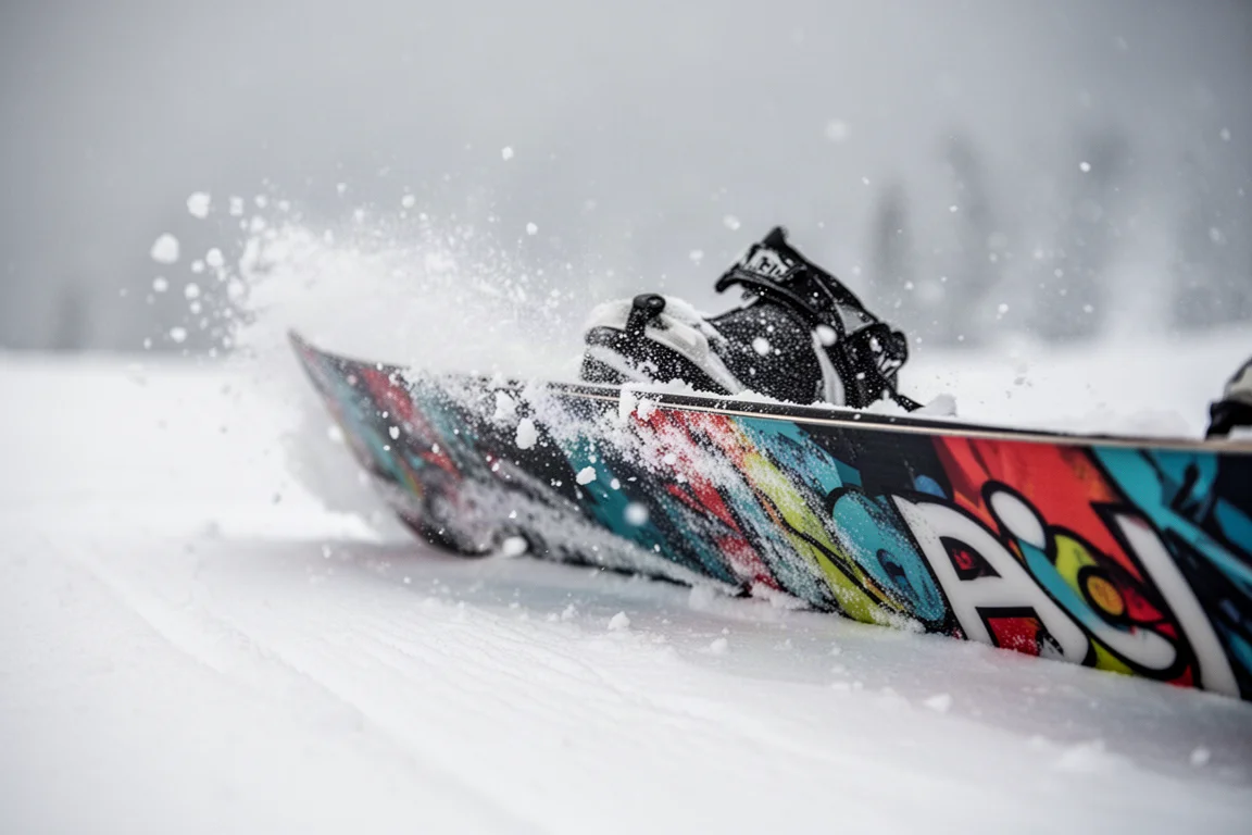 Primer plano del canto de una tabla de snowboard mordiendo la nieve durante un giro