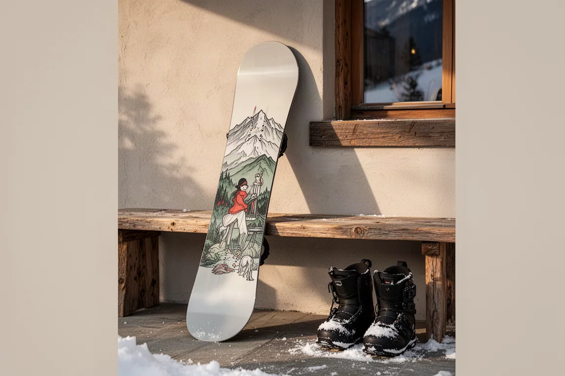 Tabla de snowboard apoyada en un banco de madera junto a botas espolvoreadas de nieve