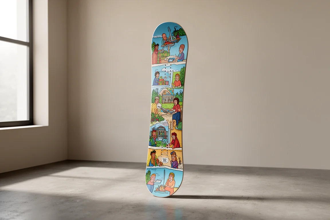Tabla de snowboard freestyle twin-tip con gráfico ilustrado, colocada en vertical sobre suelo de hormigón