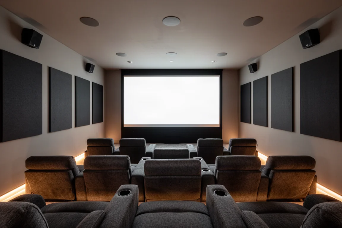 Tiered seating and in-ceiling speakers in a darkened dedicated home theater room