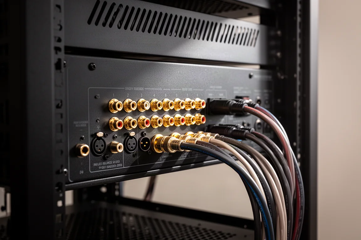 Rear panel of a home theater amplifier with speaker terminals and XLR connectors
