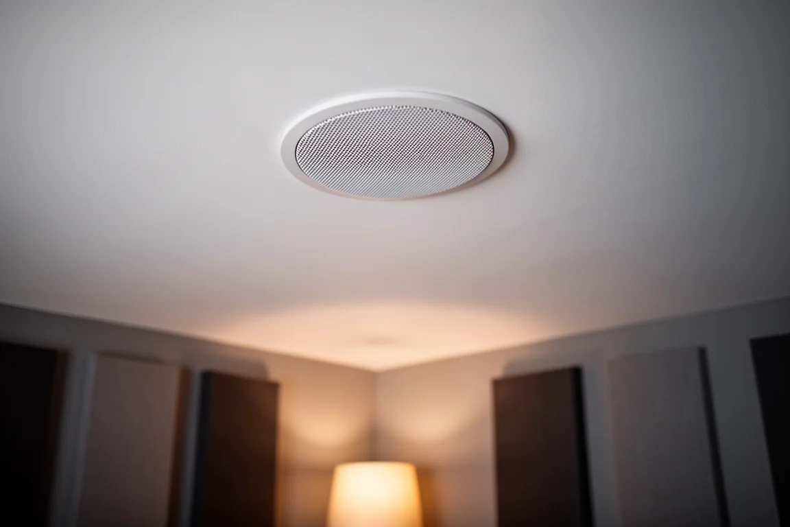 In-ceiling speaker grille flush with a white ceiling in a dim home theater