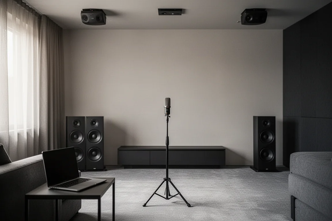 Measurement microphone on a tripod during home theater room calibration