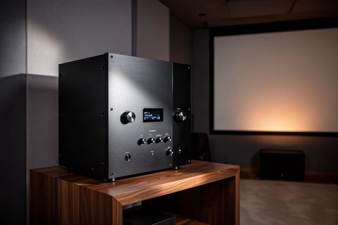 Rack-width home theater processor and amplifier on a walnut shelf in a dim room