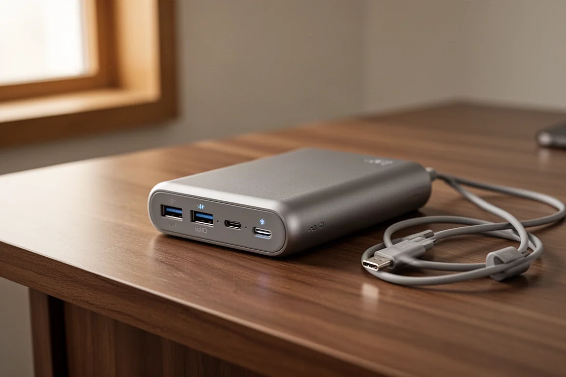 木桌上小型流動電池特寫,設有USB及USB-C接口
