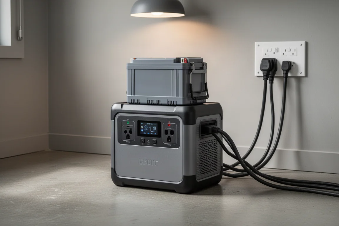 雜物房內大型電源站連接電池擴充套件組