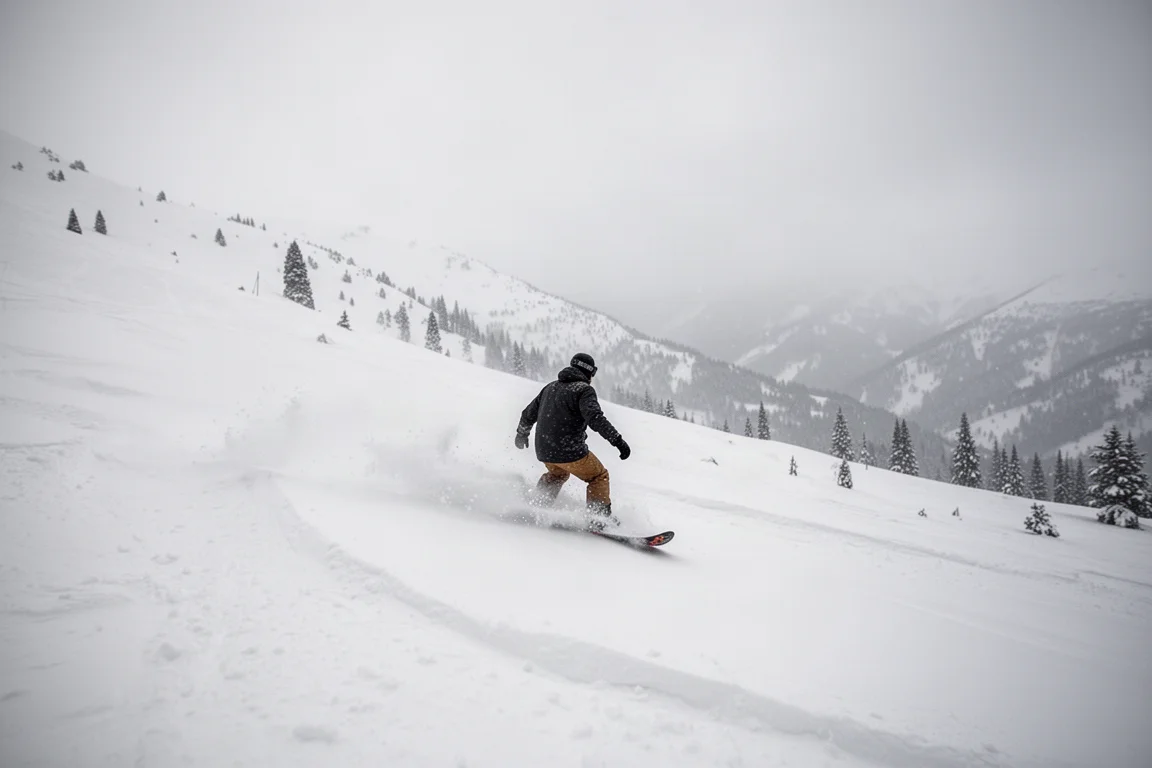 Snowboardåkare som kör genom nypudersnö under mulen himmel
