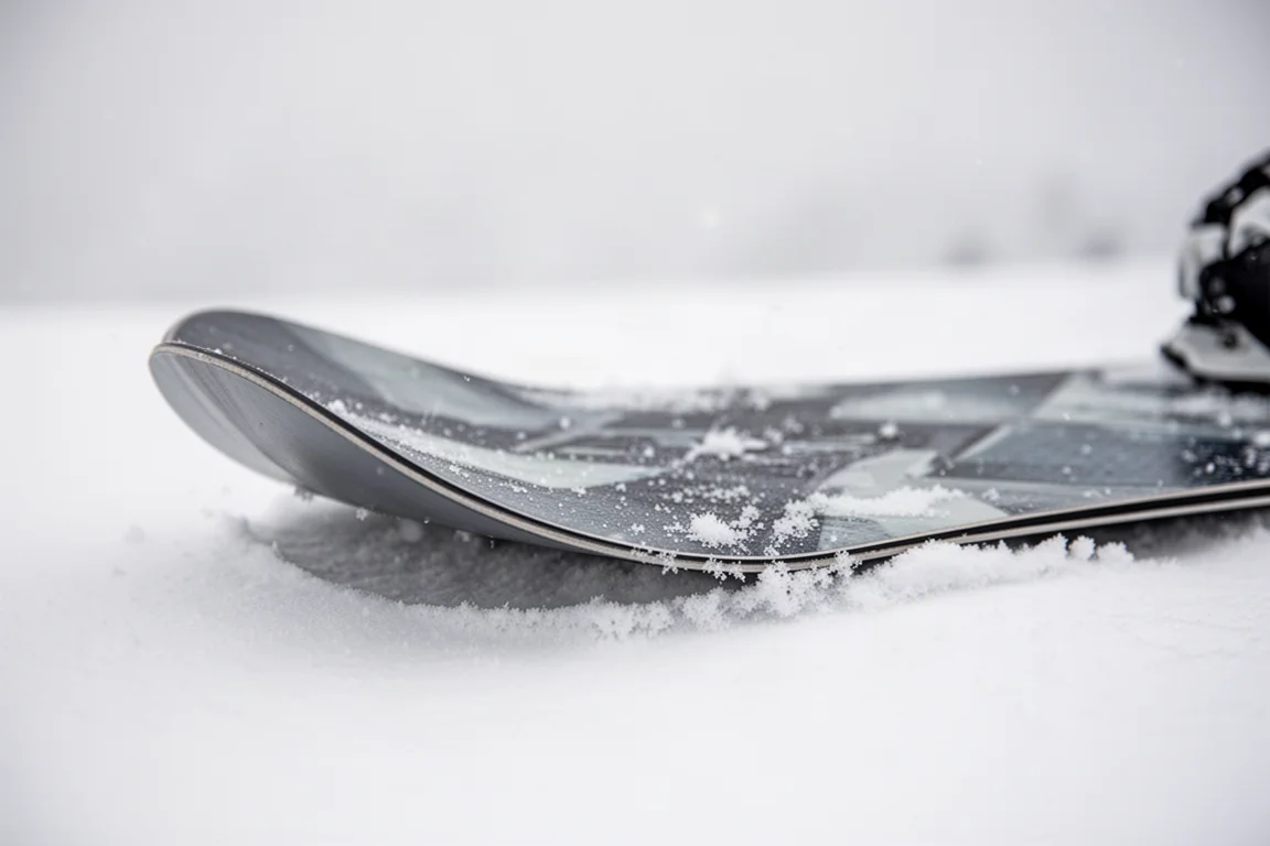 Närbild på en snowboardnos med rockerkurva pressad ner i snön