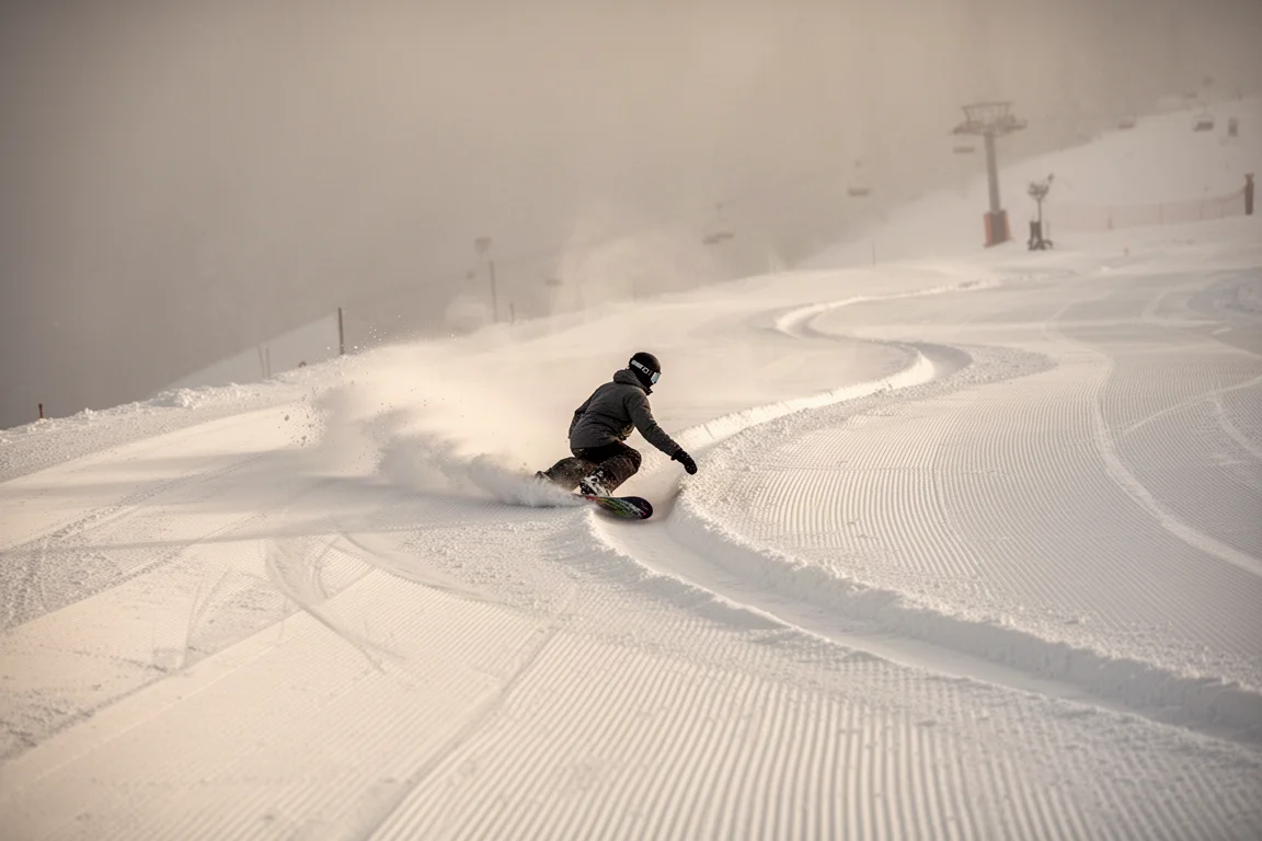Snowboard som skär ett djupt spår i en preparerad backe
