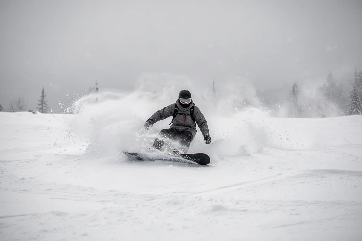 Snowboarder zieht eine Schwungkurve durch frischen Tiefschnee mit Schneegischt