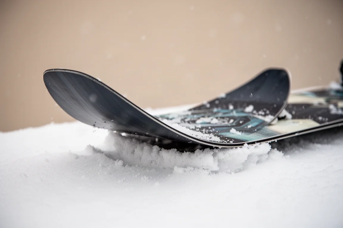 Nahaufnahme eines Snowboard-Tails, das sich gegen festen Schnee biegt