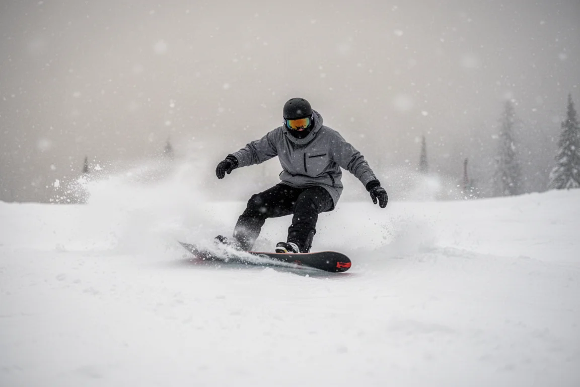 Snowboard carvt durch löchrigen, festen Schnee auf einer präparierten Piste