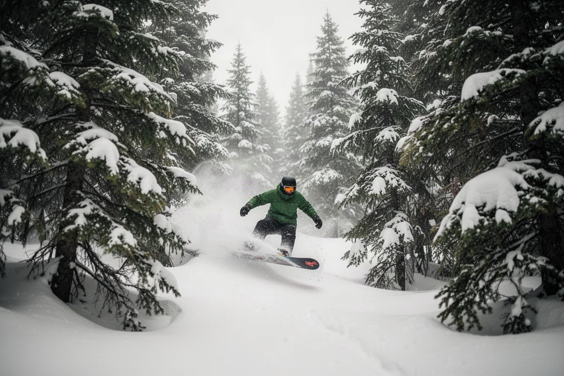 Snowboarder schlängelt sich zwischen Bäumen durch tiefen Pulverschnee