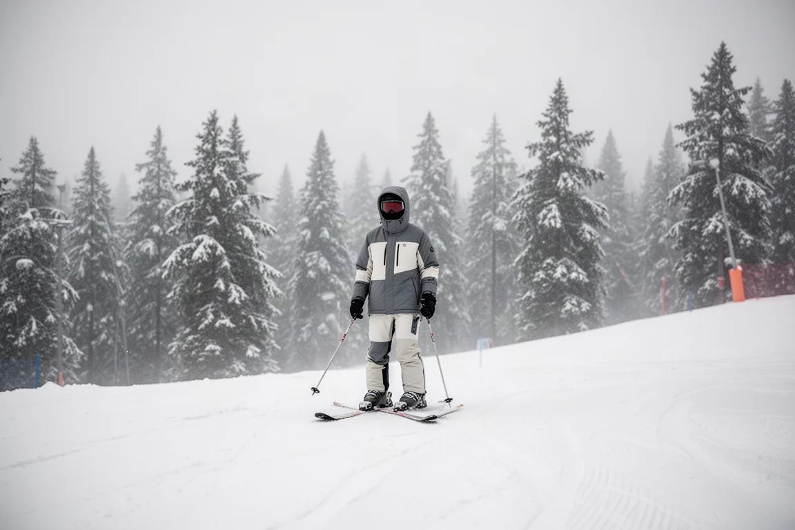 Sciatore in piedi nella neve fresca profonda con giacca imbottita blu navy e pantaloni grigi