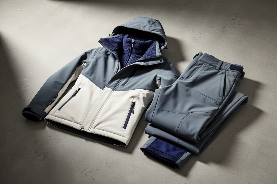 Giacca da sci imbottitа blu navy e pantaloni da sci frost gray disposti su una superficie di cemento