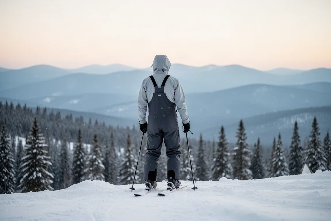 Skieuse en veste shell et salopette sur une crête enneigée aux premières lueurs, vue de dos