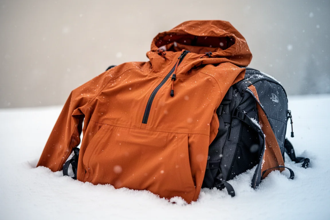 Gros plan sur une poche d'anorak shell orange avec fermeture éclair posée sur la neige fraîche