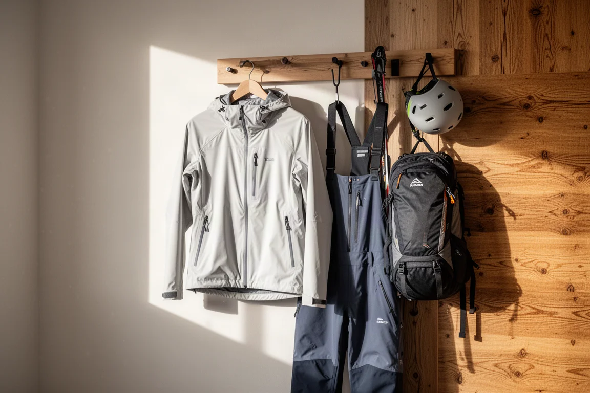 Veste shell et salopette suspendues à un portant en bois dans l'entrée d'un chalet de montagne