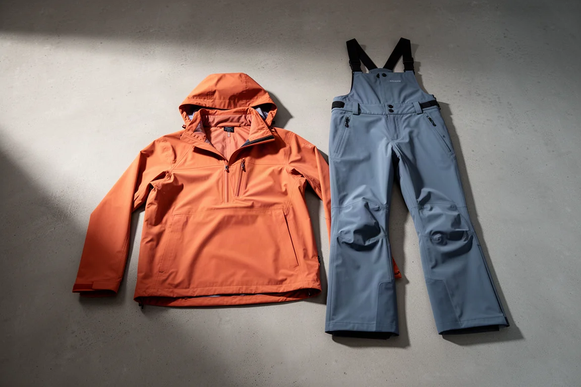 Matching orange ski shell pullover and blue half-bib shell pants on a concrete surface