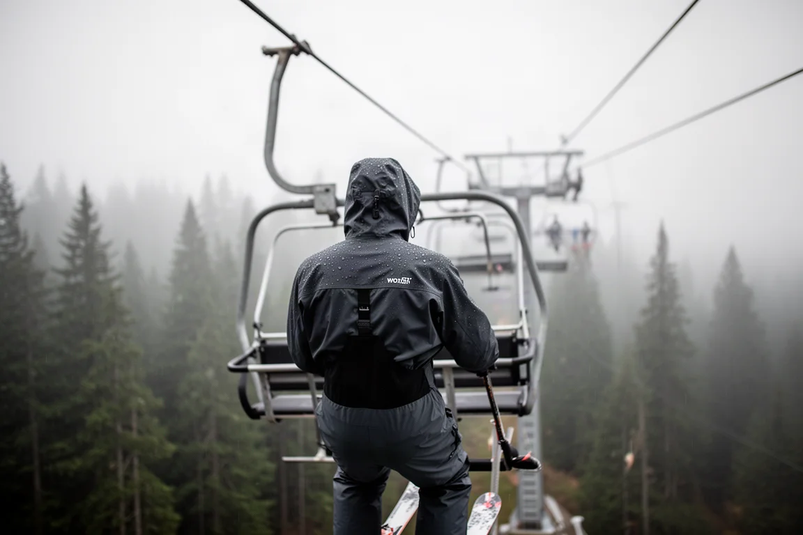 Skier on a chairlift in light rain with water beading on a shell jacket