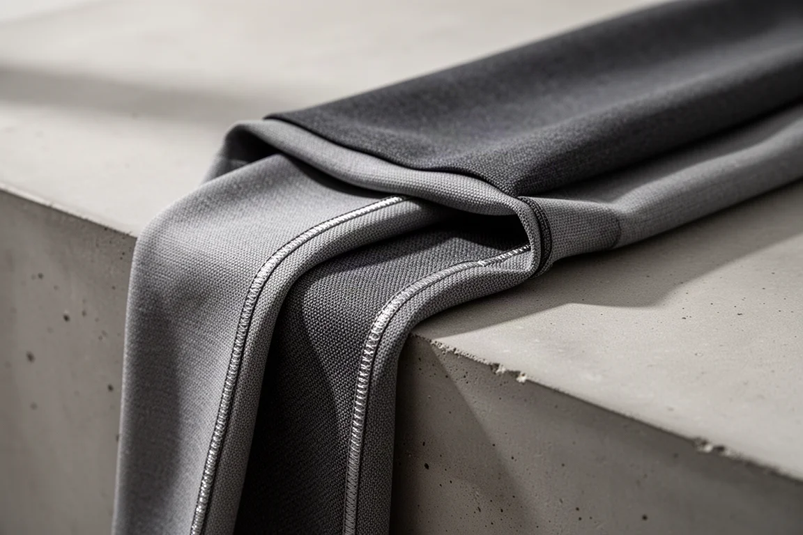 Macro detail of matte three-layer shell fabric draped over concrete