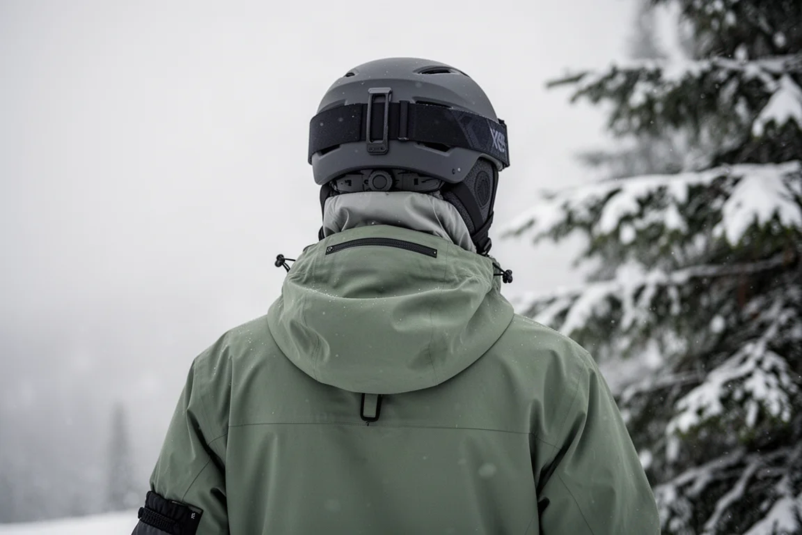 Shell jacket hood worn over a ski helmet with powder skirt visible below