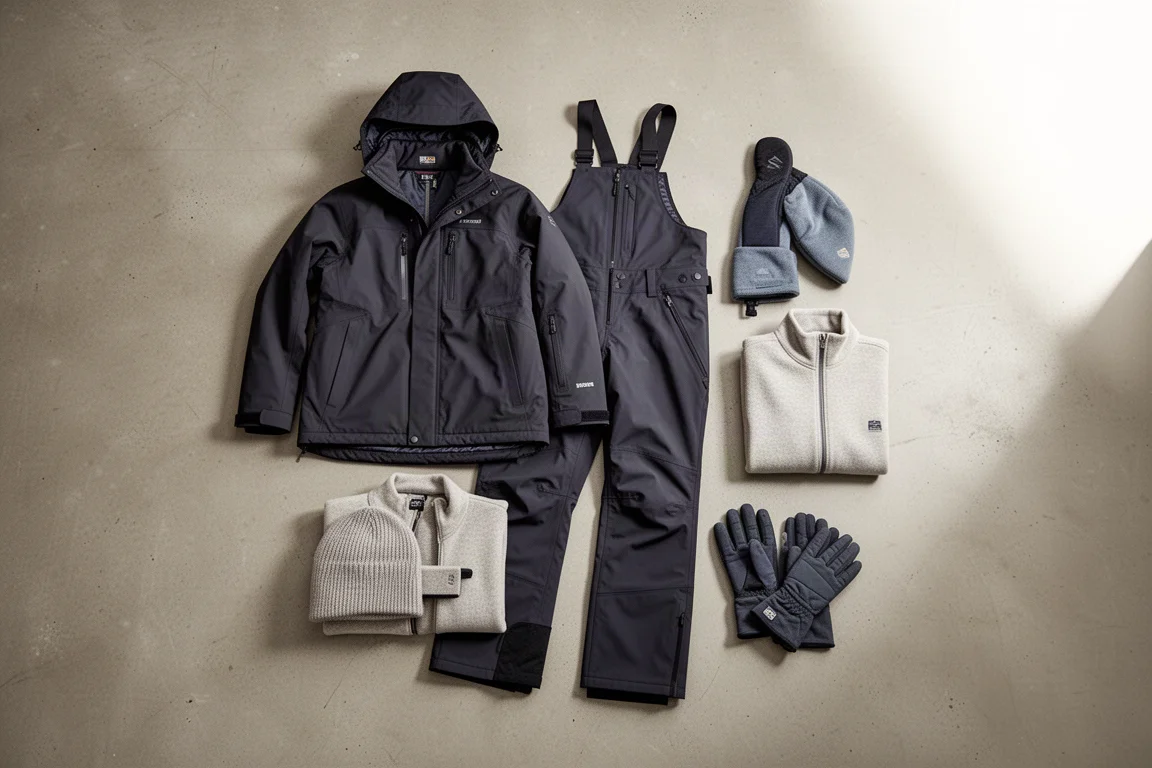Flat-lay of a ski shell kit with midlayer, gloves, and beanie on concrete