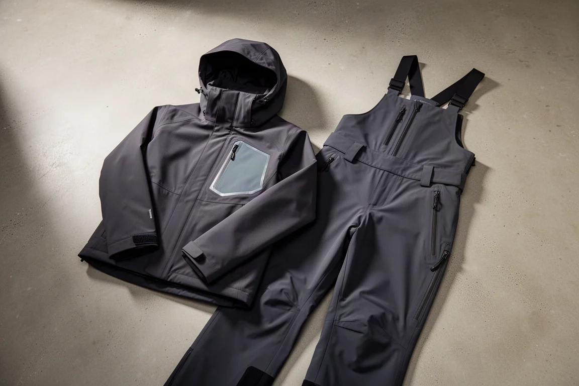 Charcoal ski shell jacket and bib pants arranged on a concrete surface