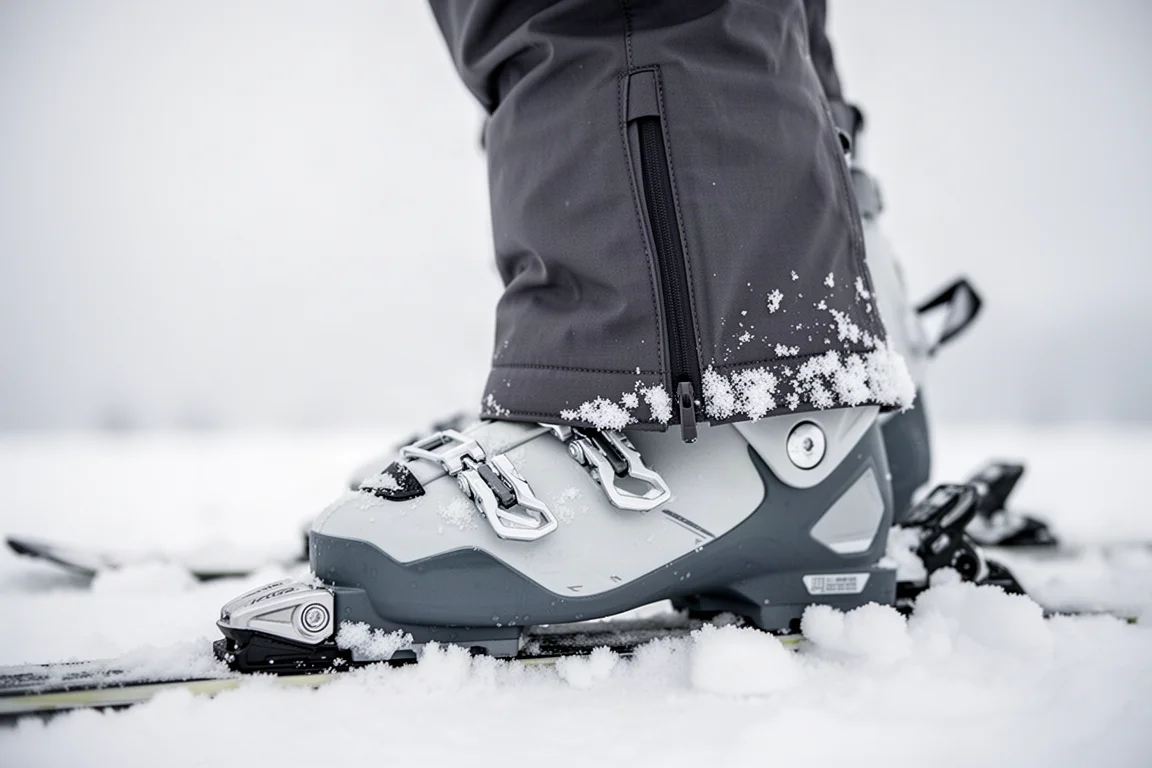 Vista en ángulo bajo de una bota de esquí con el bajo del pantalón cubriéndola sobre nieve fresca