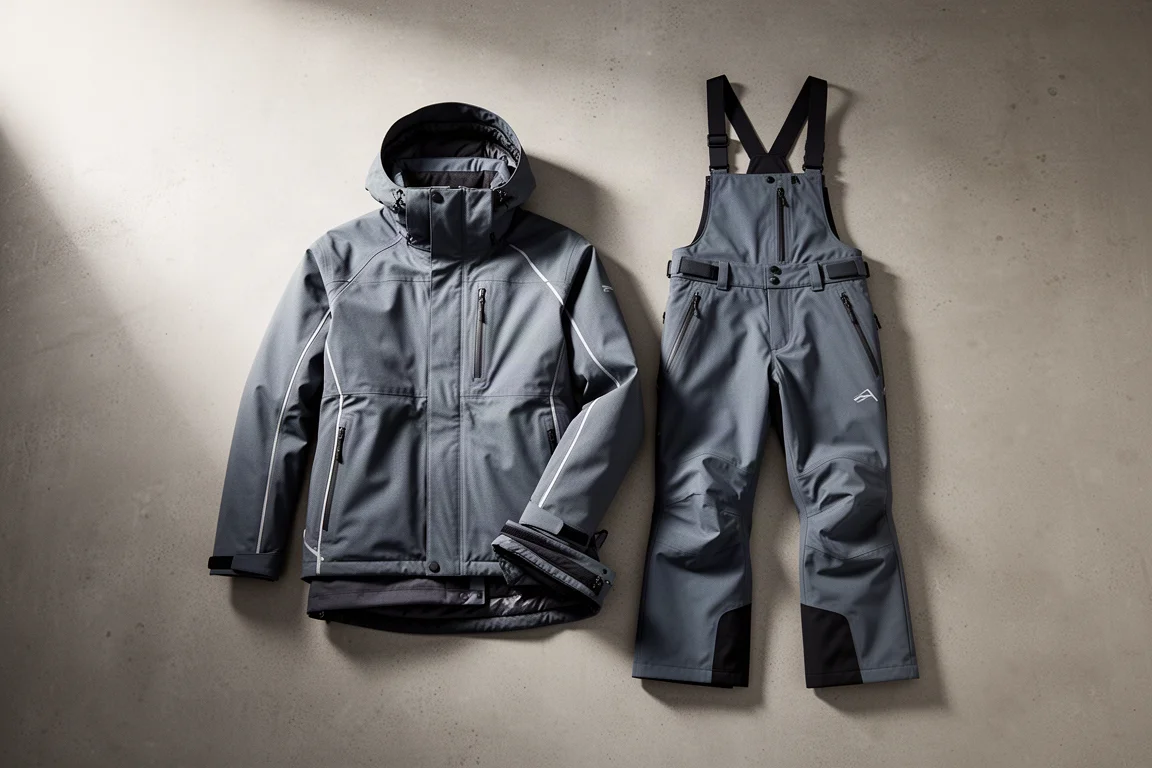 Three-layer ski shell jacket and bib pants arranged on a matte concrete surface