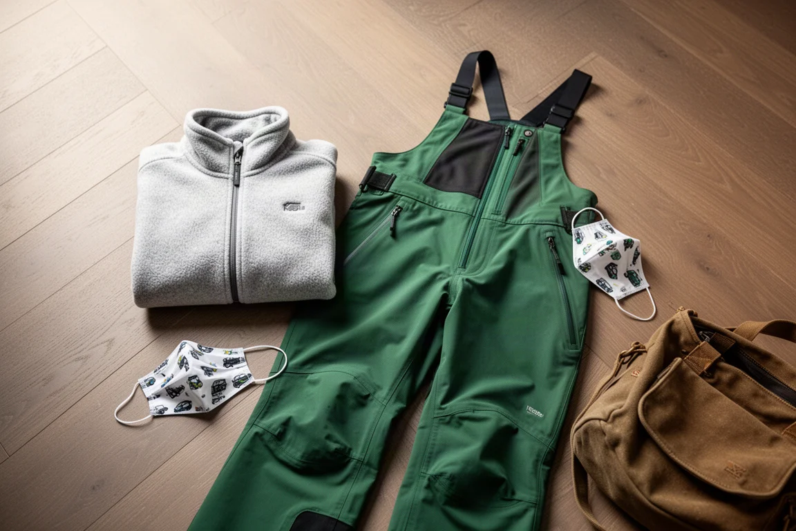 Ski outerwear pieces and face masks laid out on a wooden floor while unboxing