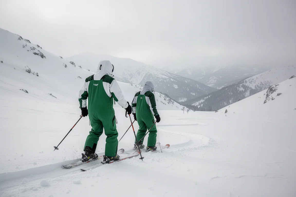 Skier hiking up a snowy bowl with bibs and shell jacket at high altitude