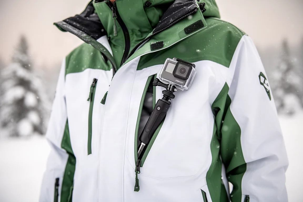 Close-up of a large shell jacket chest pocket with an action camera mount inside