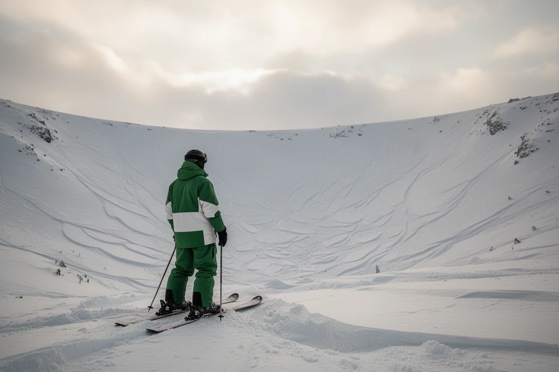 Skier standing at the top of a mountain bowl looking out over snowy terrain
