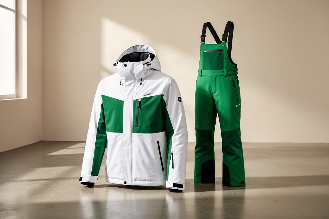 White and green ski shell jacket with matching green bib pants on concrete floor